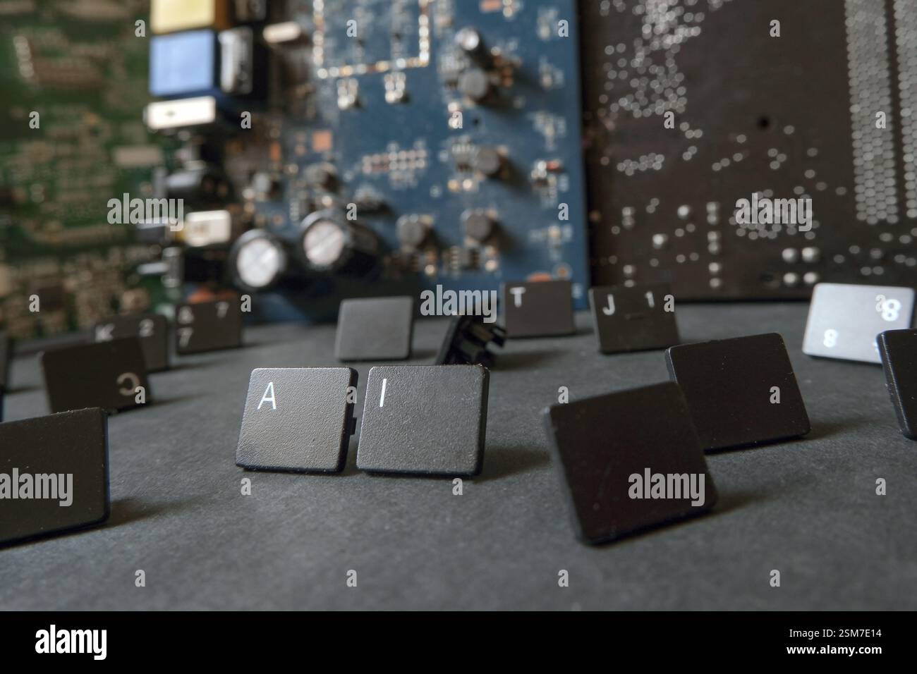 Concetto di tecnologie ai. Chiavi che dicono le lettere A e I. dispositivi intelligenti avanzati con intelligenza artificiale. Messa a fuoco selezionata. Foto Stock