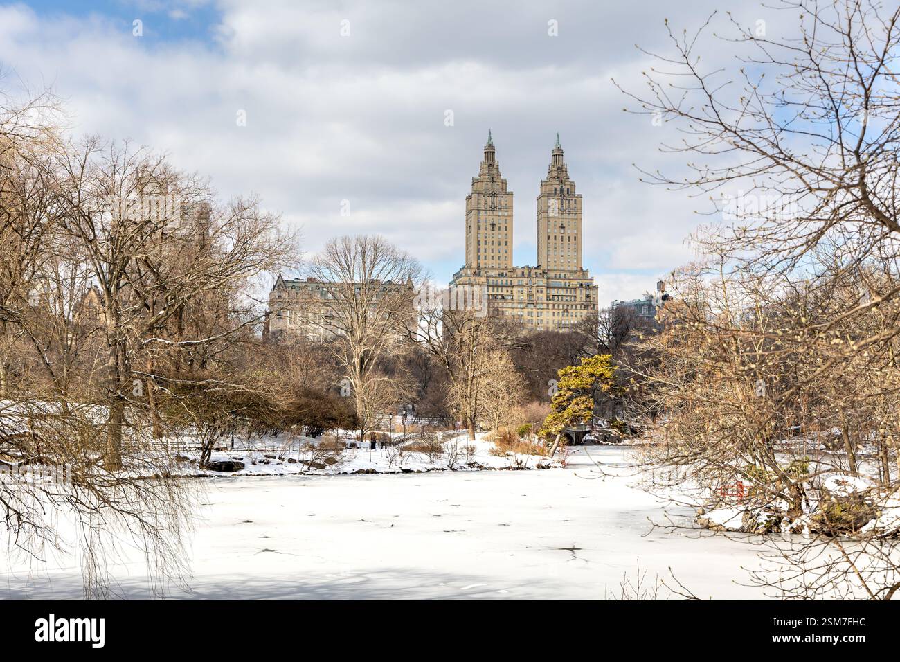 La serena bellezza di un lago ghiacciato a Central Park, circondato da un terreno innevato e da acqua e dallo skyline di Manhattan il 10 febbraio 2025. Foto Stock