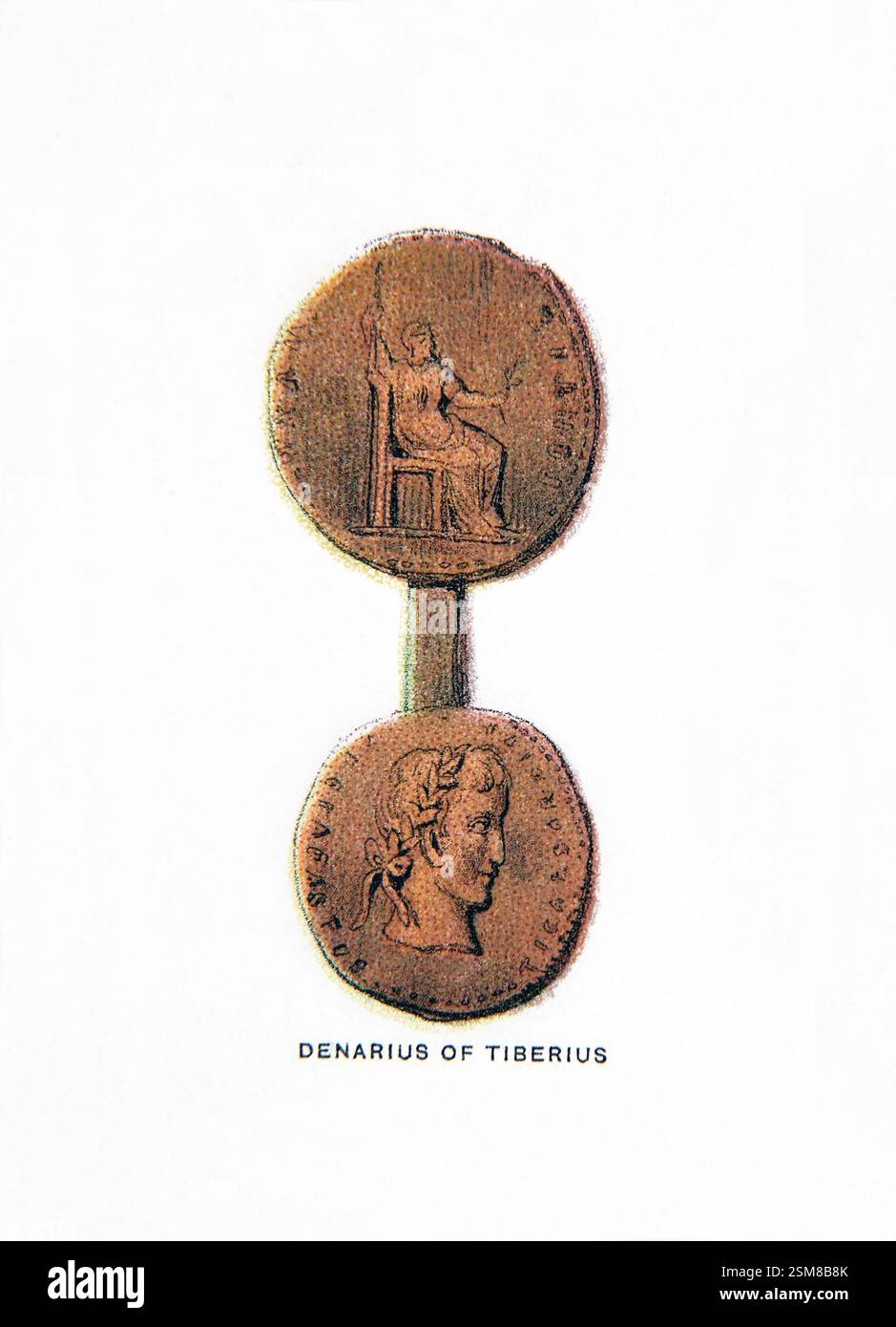 Illustrazione del Denario raffigurante Tiberio Cesare e il dritto raffigurante Pontifex massimo femmina in trono con uno scettro comunemente indicato Foto Stock