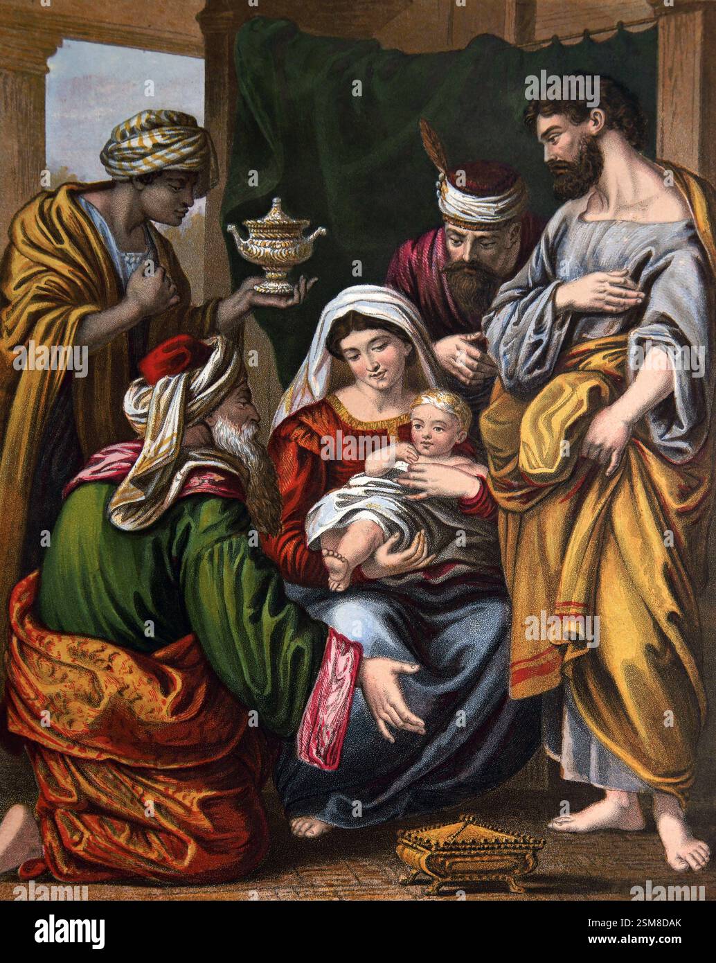 Illustrazione del Presepe tre saggi che regala oro, incenso e mirra a Gesù bambino dall'Antica Sacra Bibbia del XIX secolo Foto Stock