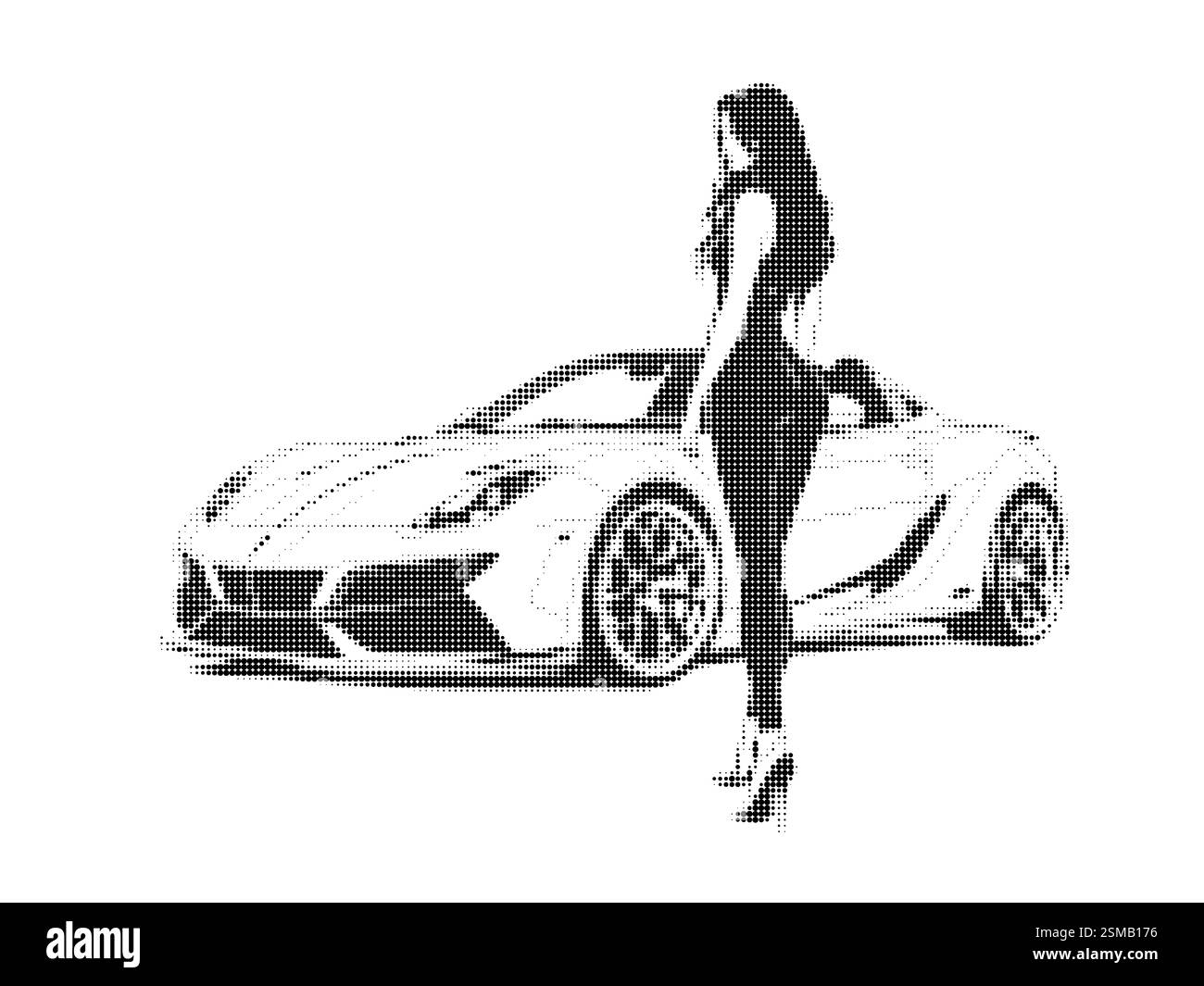 Half tone illustrazione di una donna elegante in piedi accanto a un'auto sportiva Foto Stock