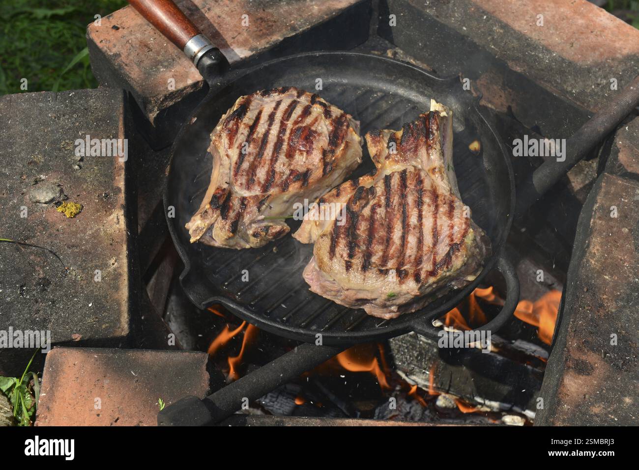 Natura morta con un pezzo di carne fritta al barbecue all'aperto Foto Stock