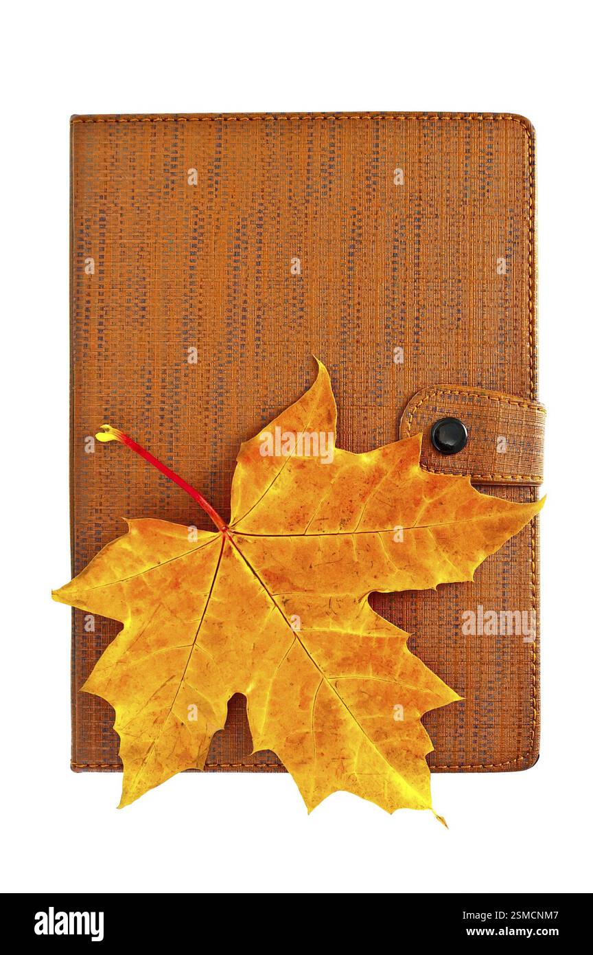 Quaderno chiuso con foglie d'acero rosse e gialle isolate su sfondo bianco Foto Stock