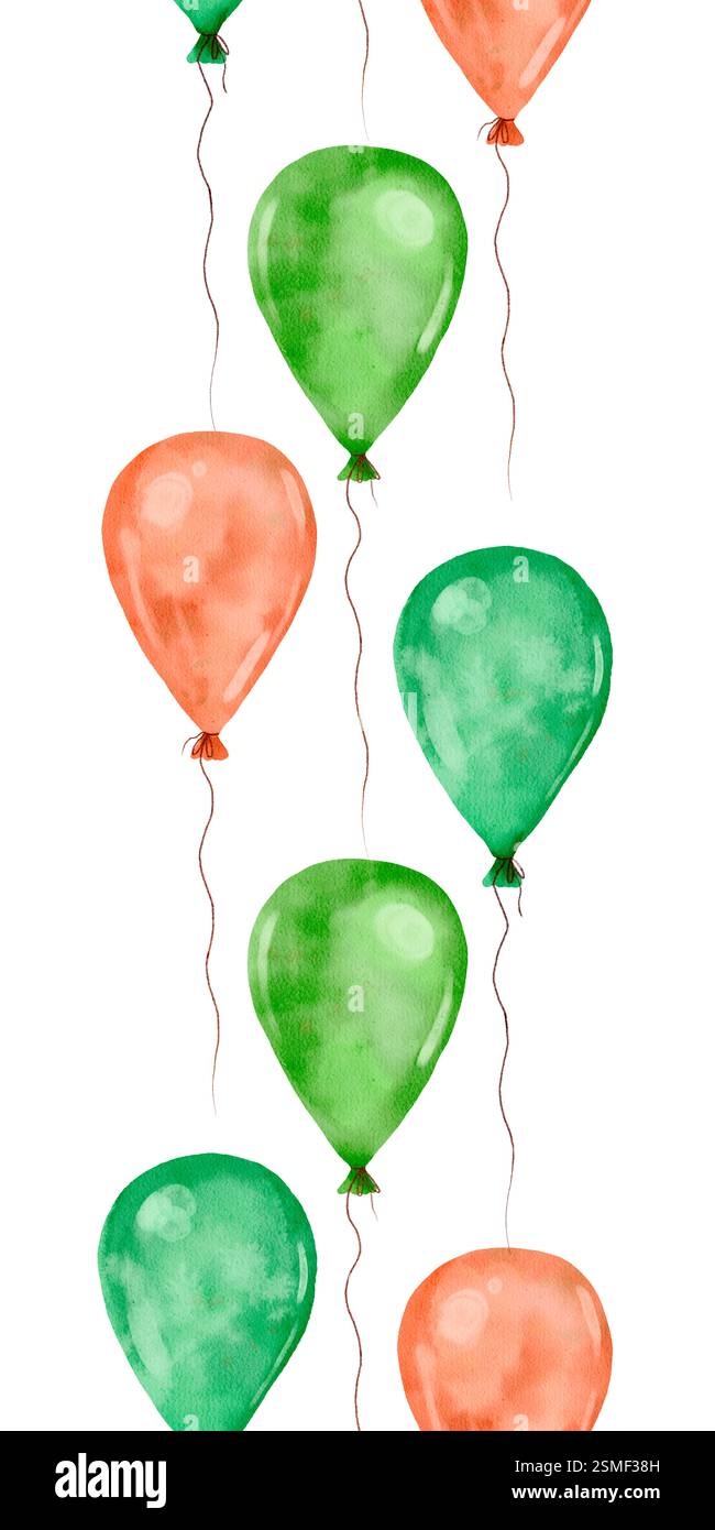 Questi vivaci palloncini verdi e arancioni sono perfetti per tutti i tipi di feste, celebrazioni ed eventi decorativi. Bordo verticale ad acquerello senza cuciture isolato su sfondo bianco per creare prodotti per le vacanze. Foto Stock