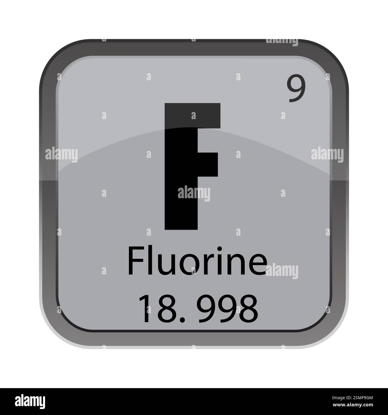 Piastrella F fluoro. 9 nove atomiche. 18,998 dettaglio massa. Icona chimica grigia. Illustrazione Vettoriale