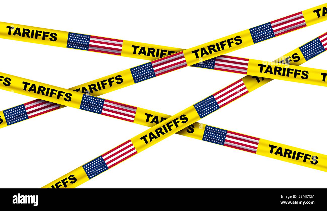 Simbolo delle tariffe americane e tassazione del governo statunitense o politica di guerra commerciale tariffaria punativa o dazi imposti sulle importazioni e sulle esportazioni da parte di un governo Foto Stock
