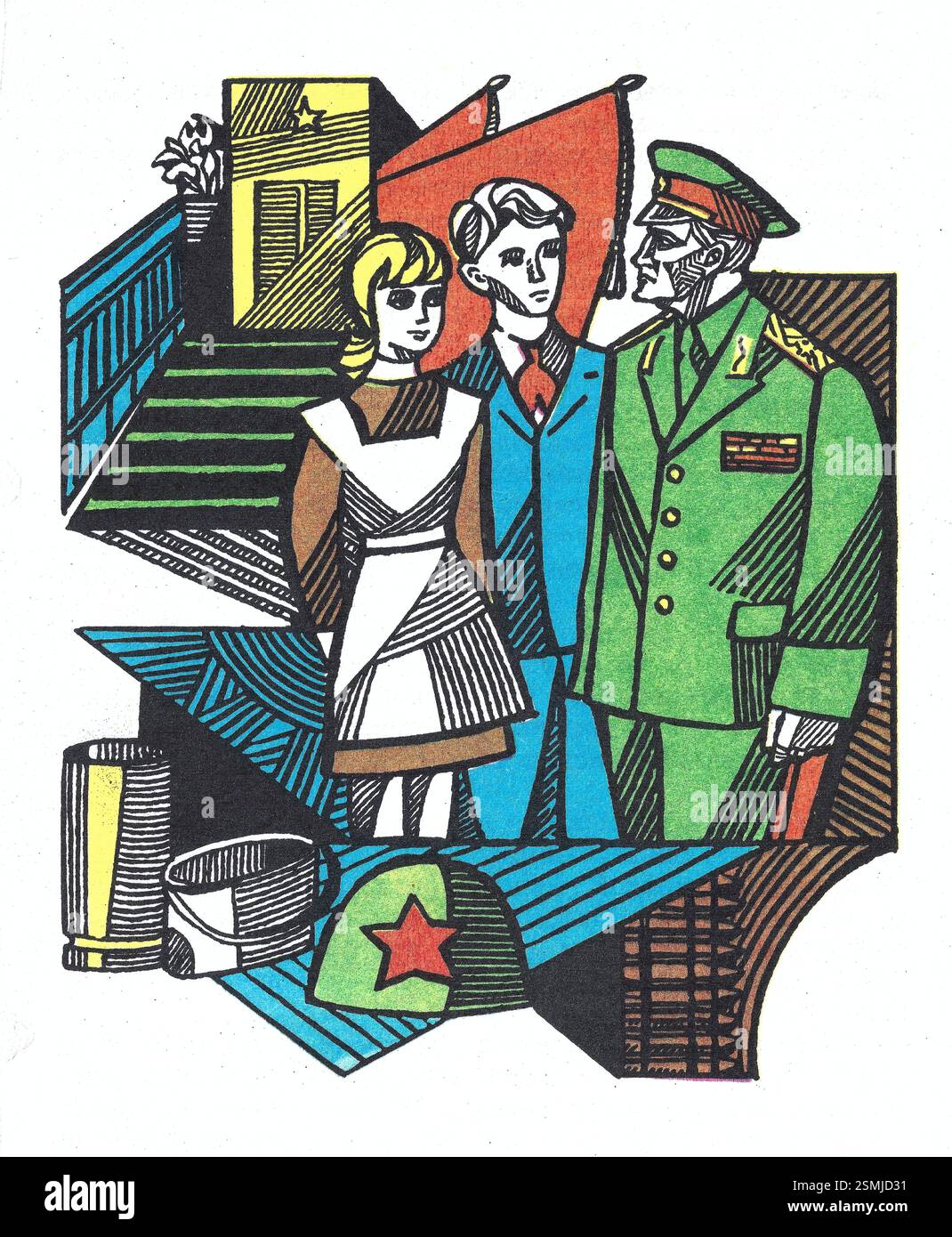 Agente che parla con i bambini. Una colorata illustrazione in stile brutalista e socialista tratta da un vecchio libro sovietico e russo sulle festività, i rituali, le tradizioni. Foto Stock