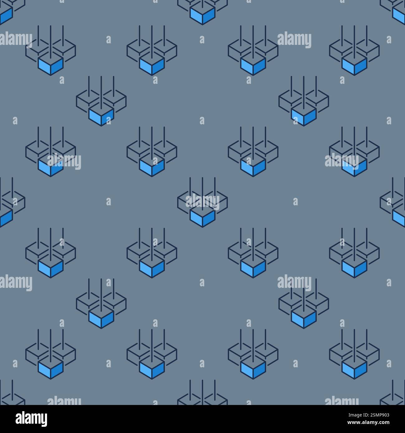 Schema senza cuciture blu concept del vettore Block-Chain. Sfondo colorato con catena di blocco con 3 blocchi Illustrazione Vettoriale