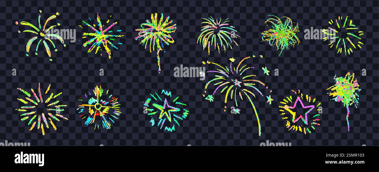 Fuochi d'artificio su sfondo nero. Matita a matita per disegnare forme geometriche rotonde e turbolenza. Collezione di segni vittoria color neon. Come i bambini che dipingono a mano Illustrazione Vettoriale