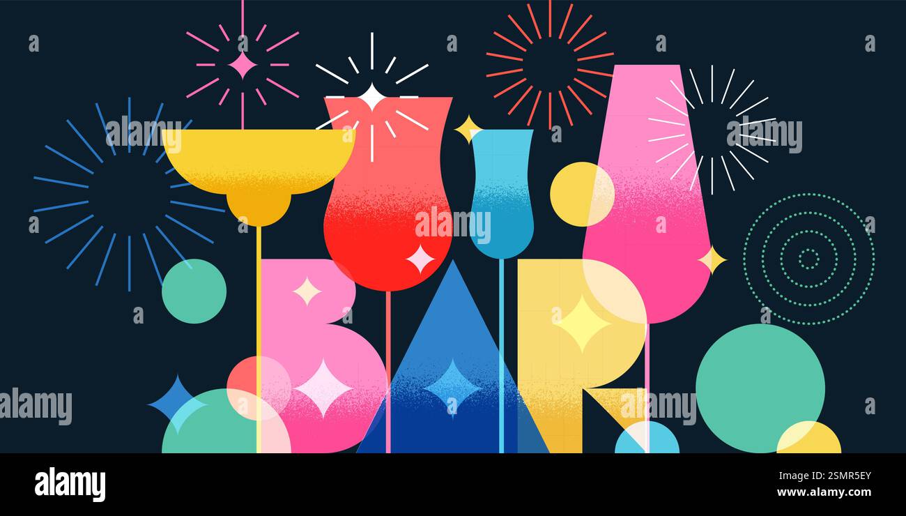 Parola luminosa del bar, cocktail colorati e fuochi d'artificio su sfondo nero. Banner per feste serali, poster, bevande alcoliche, analcoliche menu cocktail desi Illustrazione Vettoriale