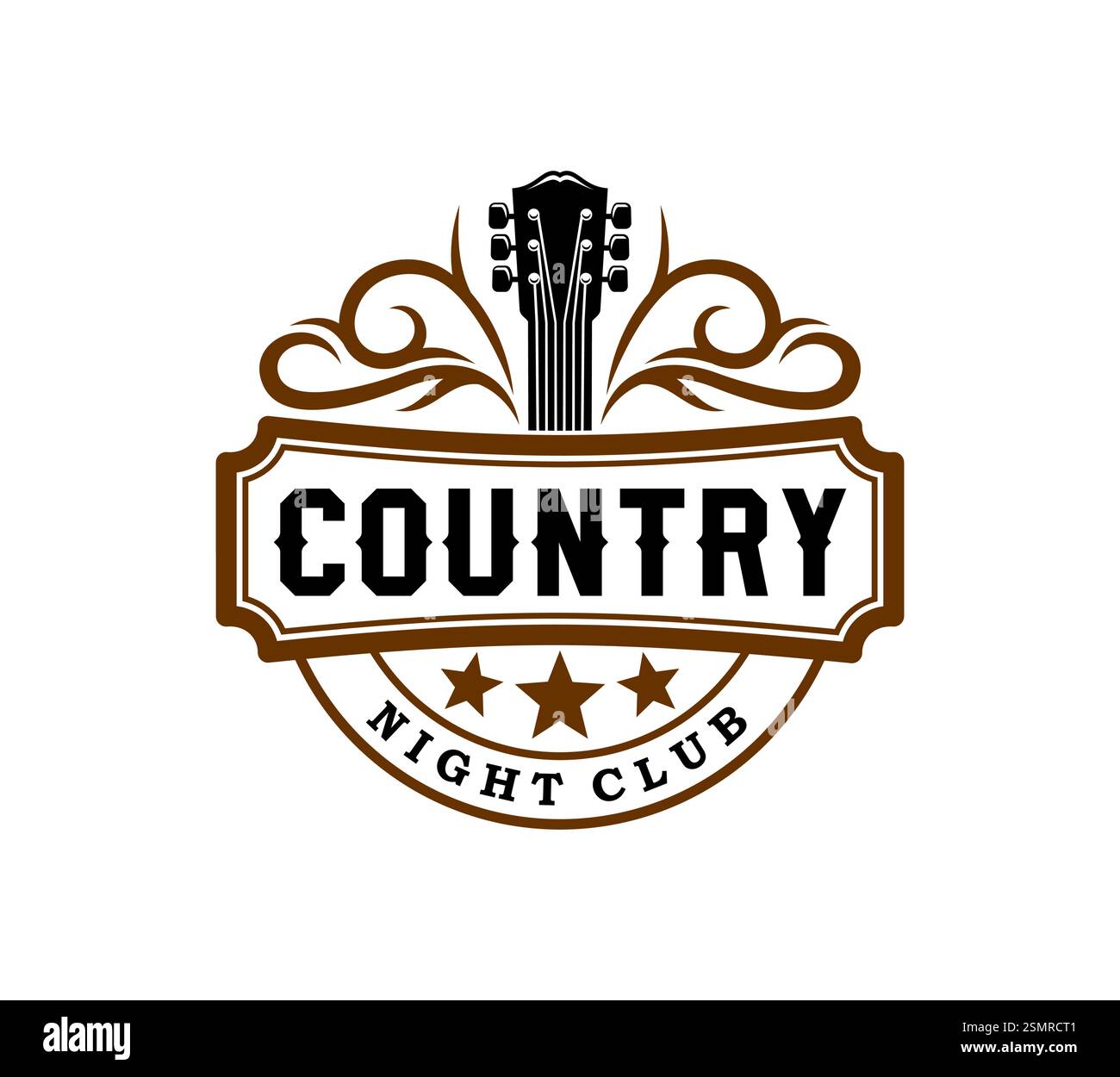 Icona o simbolo del night club di musica country. Distintivo o icona vettoriale della band musicale cowboy americana, concerto con firma dal vivo occidentale o festival di musicisti country Illustrazione Vettoriale