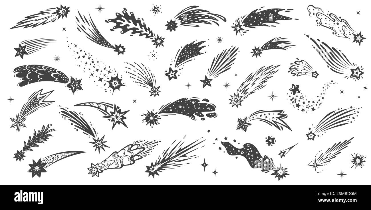 Stelle che sparano a stelle natalizie, meteore cadenti e comete con sentieri e silhouette di coda. Vectors black doodle Cosmic Falling asteroids con tr Illustrazione Vettoriale