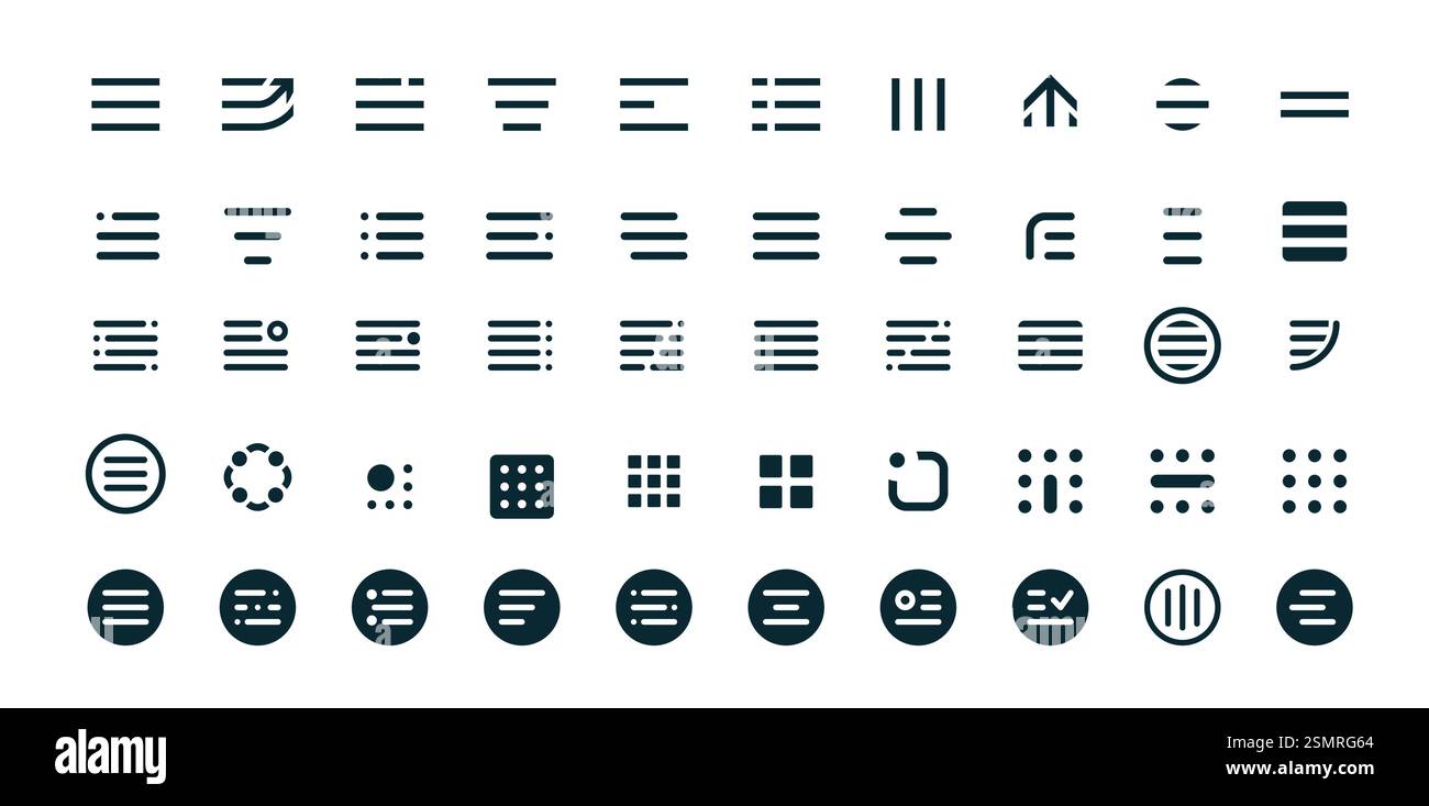 Icone del menu hamburger, risorse degli elementi delle app Web e mobili. Simboli minimalisti di allineamento e layout, inclusi linee orizzontali, punti, frecce e circul Illustrazione Vettoriale