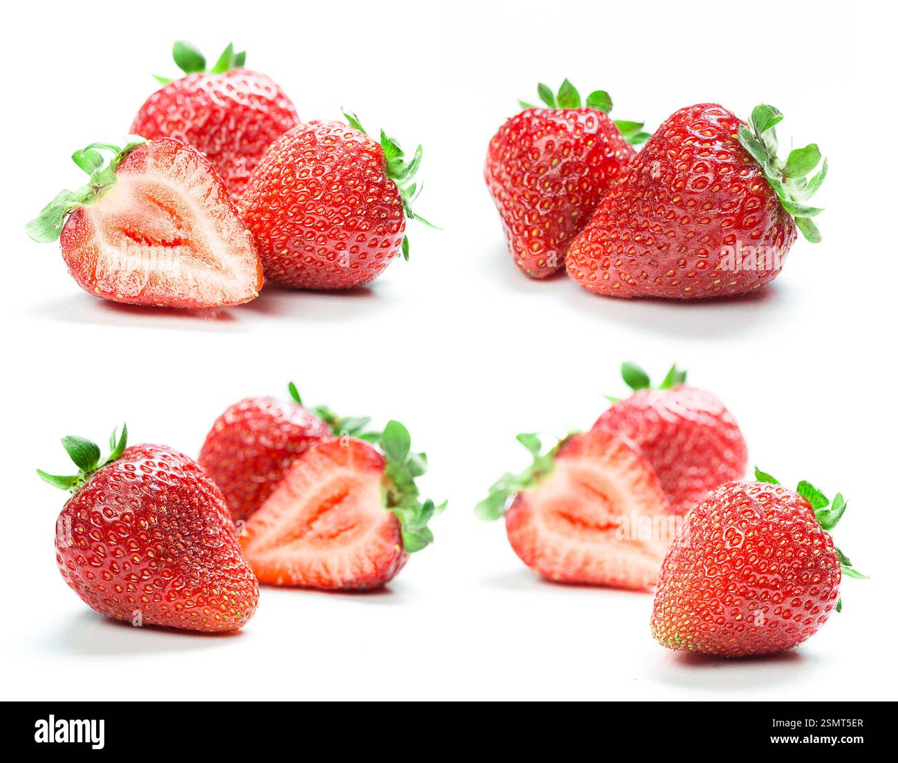 Fragole fresche disposte in varie angolazioni che mostrano colori e consistenza vivaci Foto Stock