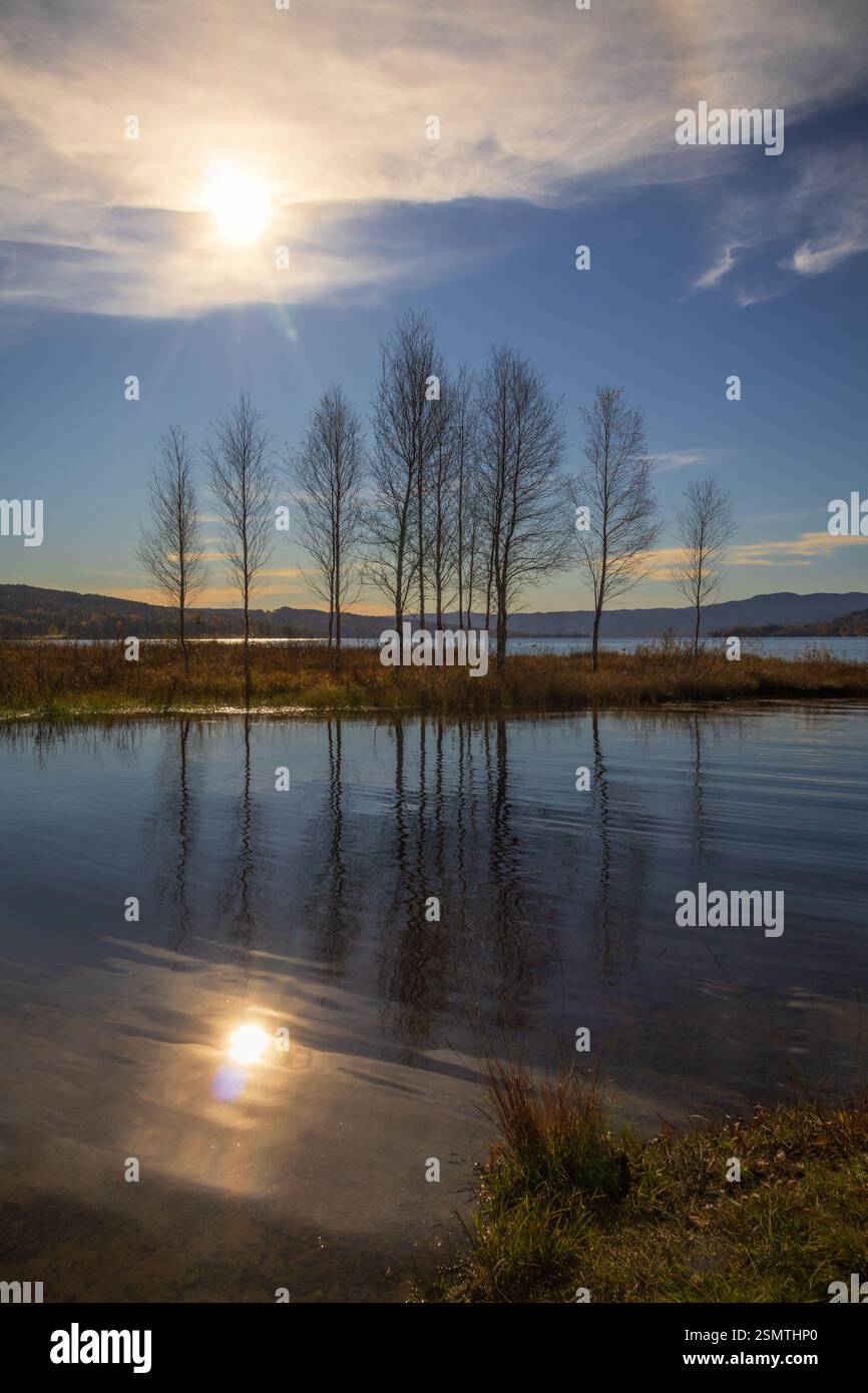 Laghi tranquilli di Hurdalsjøen e Skrukkelisjøen, betulle dorate e acque riflettenti. Un tranquillo rifugio autunnale dove la bellezza della natura invita alla riflessione Foto Stock