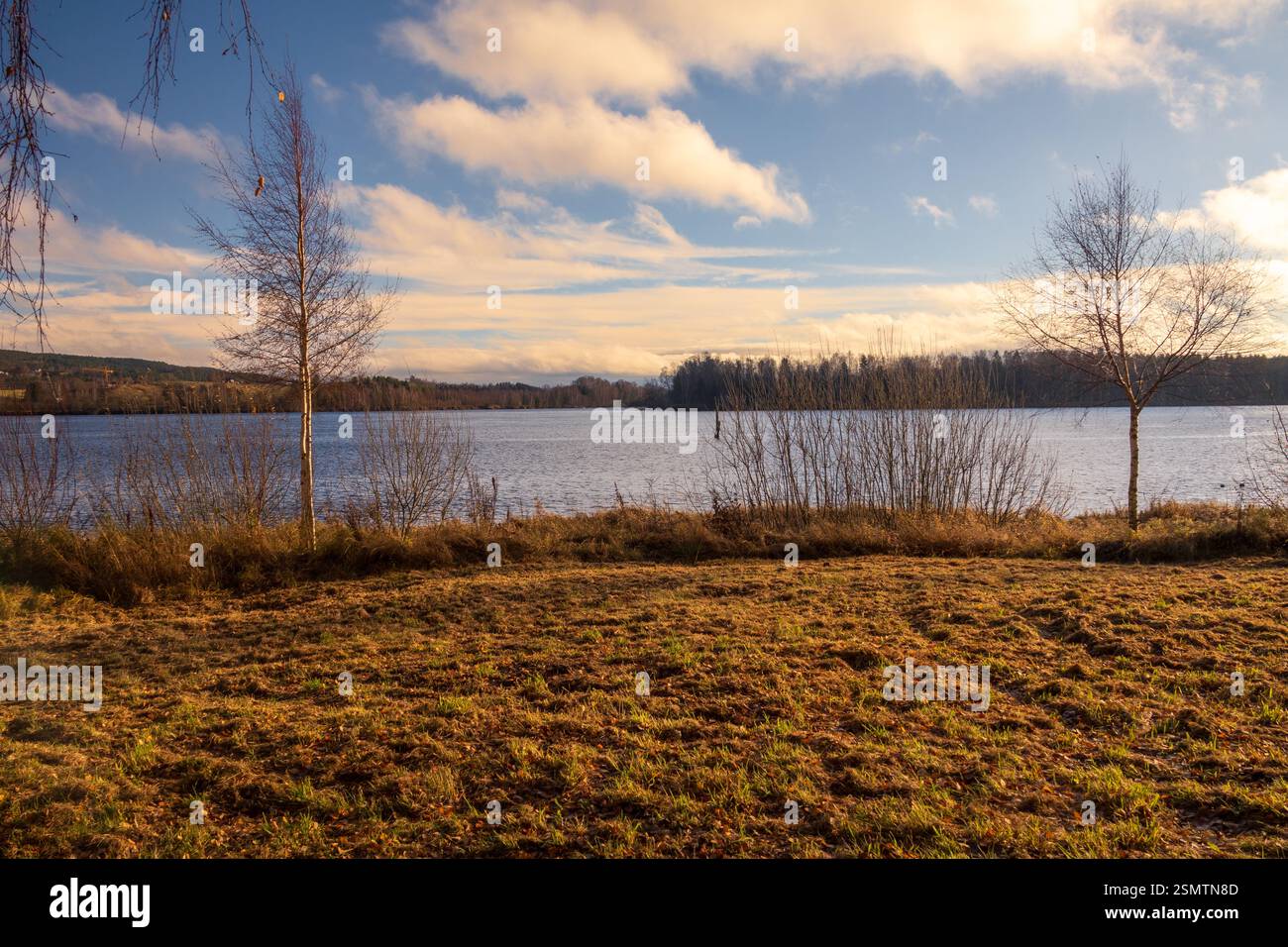 Tranquillo tardo autunno a Fetsund Lenser: Barche in legno, acque tranquille e canne dorate sotto la luce soffusa del sole, che riflettono la bellezza stagionale Foto Stock
