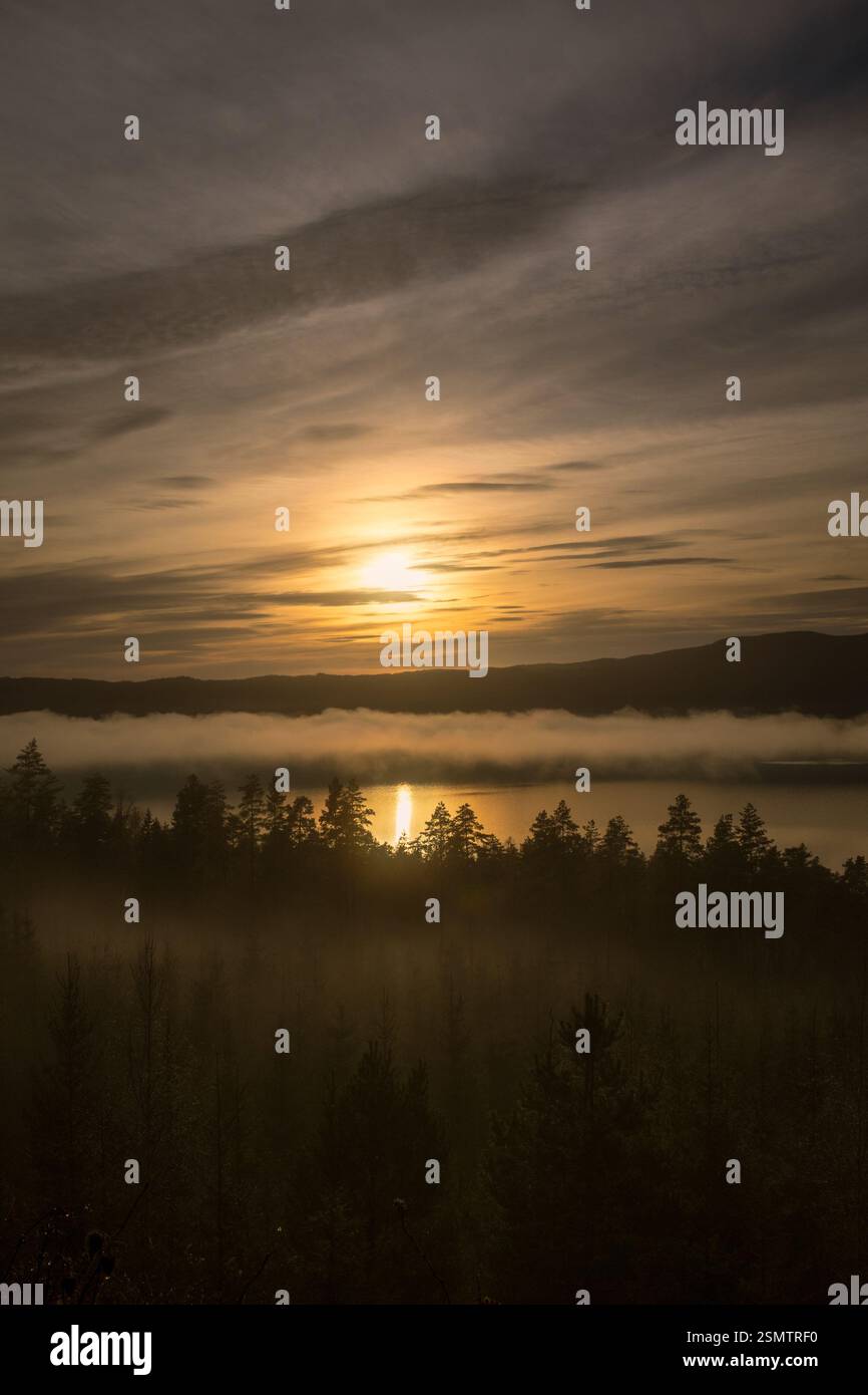 Hurdalsjøen alla fine dell'autunno: Un'estremità si è persa nella nebbia, l'altra è illuminata dalla luce dorata. Un momento in cui la natura rispecchia i suoi contrasti, calma e sempre Foto Stock