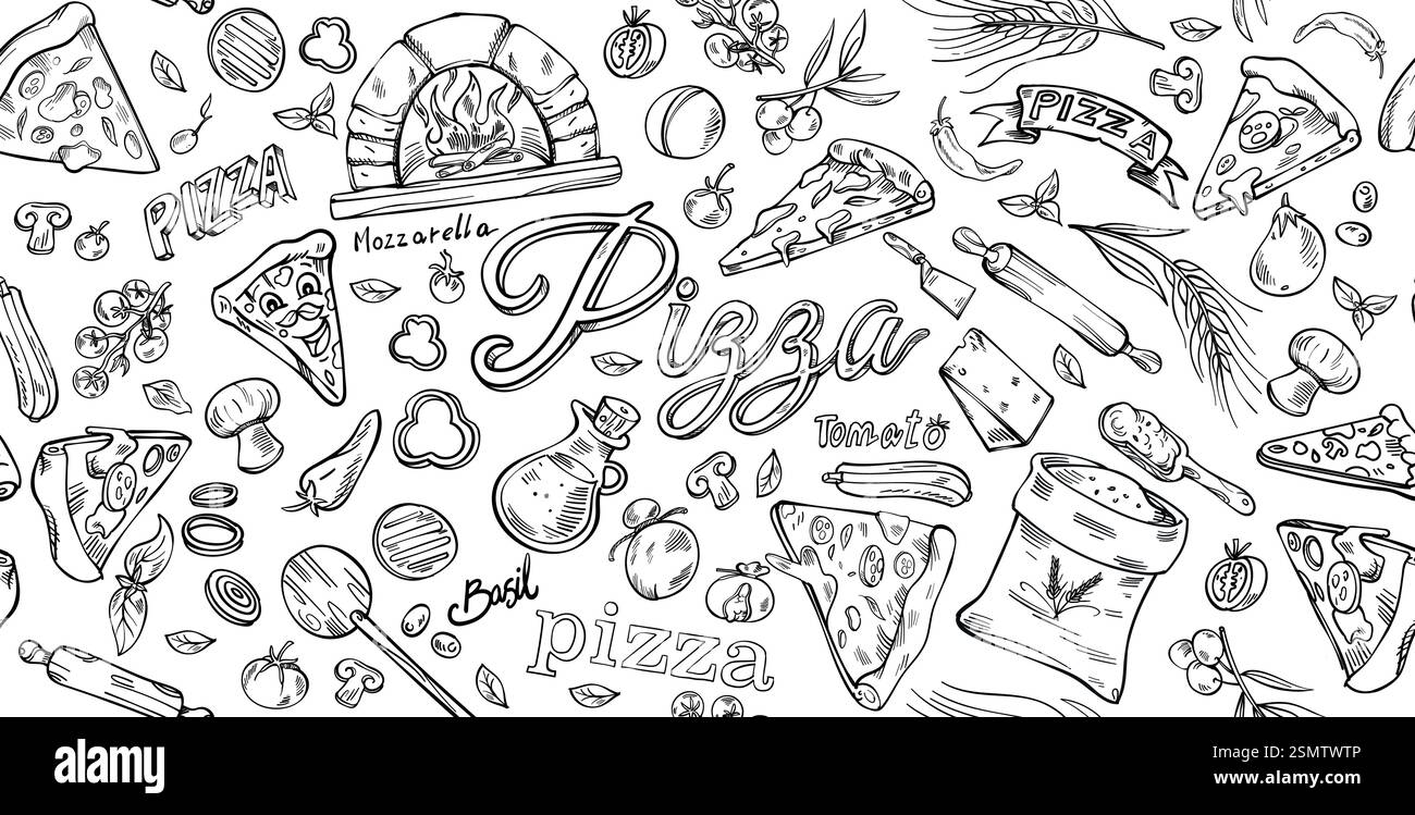 Sfondo pizza in stile doodle. Schizzo orizzontale disegnato a mano . impostare l'illustrazione vettoriale Illustrazione Vettoriale