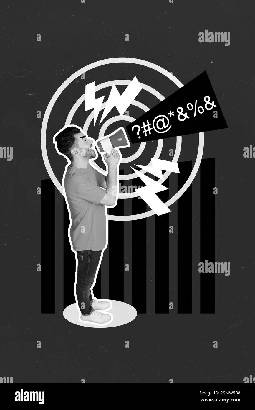 Collage foto di giovane arrabbiato divertente impressionato uomo project manager urlare rumoroso altoparlante bullismo lavoratori isolati su sfondo rosso dipinto Foto Stock