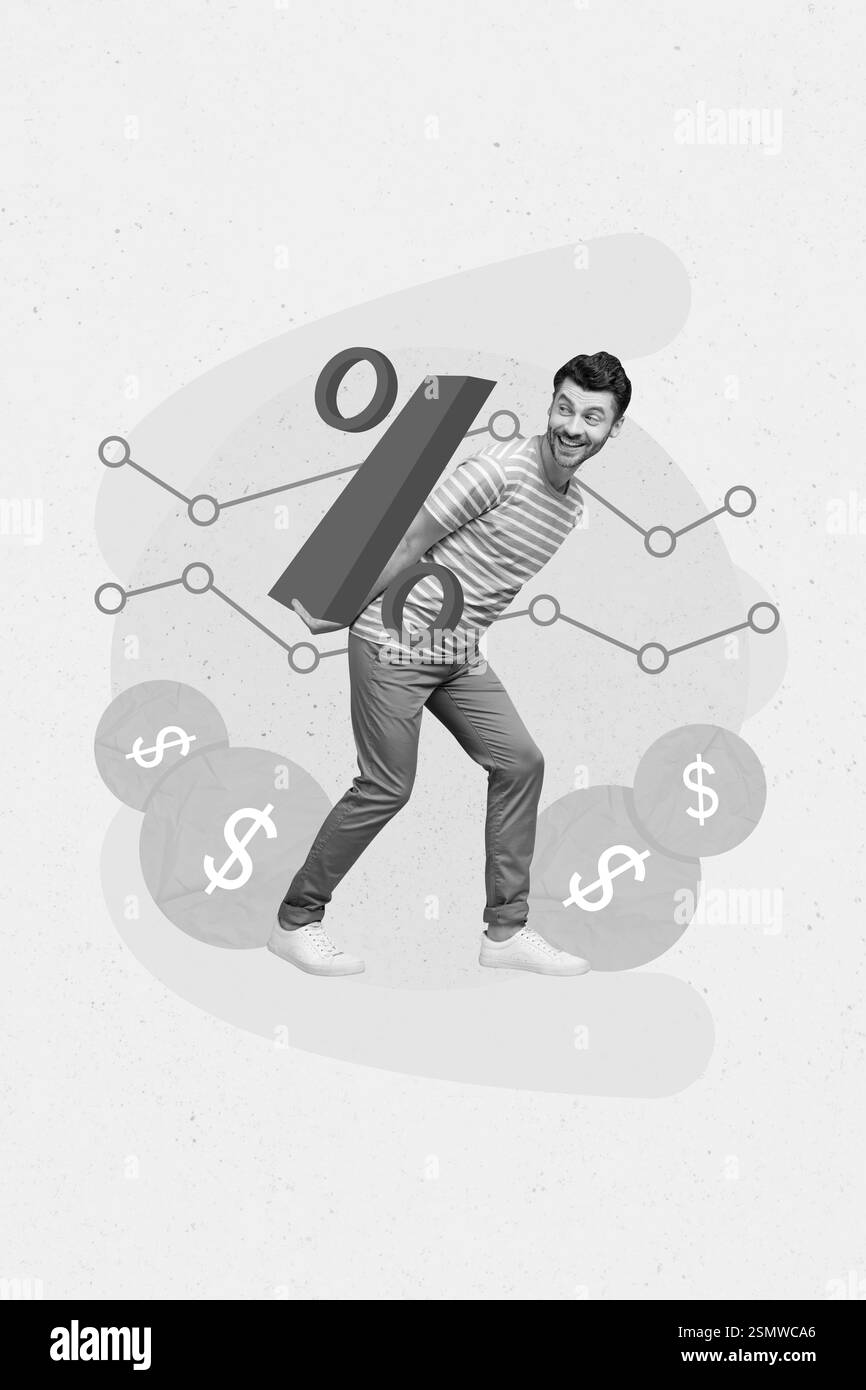 Composito collage foto grafica di giovane uomo investitore divertente cliente tenere in percentuale redditizio affare prezzo a buon mercato isolato su sfondo giallo colore Foto Stock