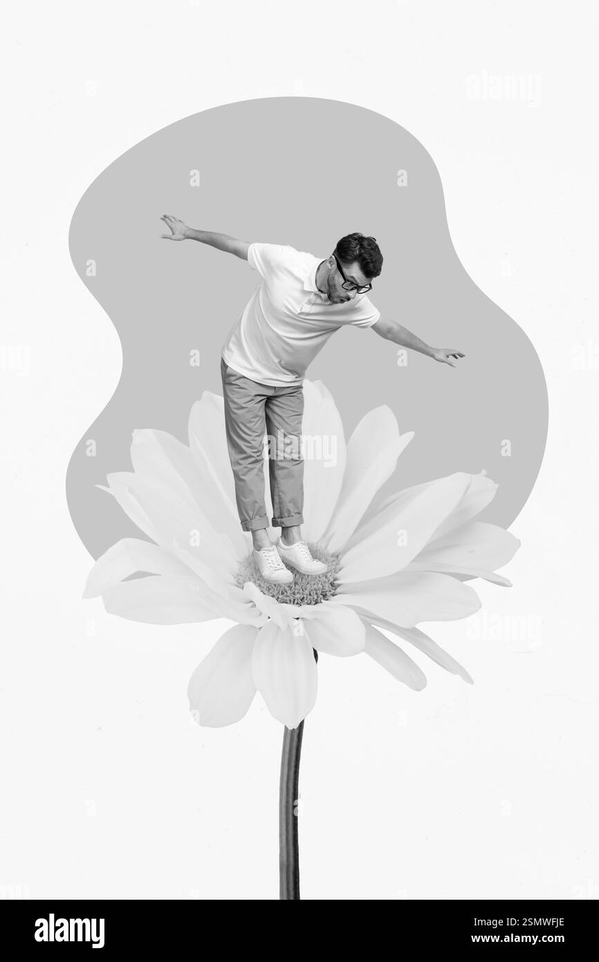 Modello rivista collage di tipo funky scalare alto giallo brillante daisy guardare giù giardino floreale concetto di crescita Foto Stock