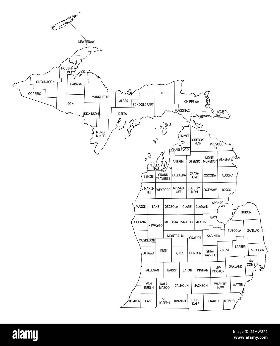 Stato del Michigan diviso in contee, delineare la mappa. Stato nella regione dei grandi Laghi dell'Upper Midwest degli Stati Uniti, suddiviso in 83 contee. Foto Stock