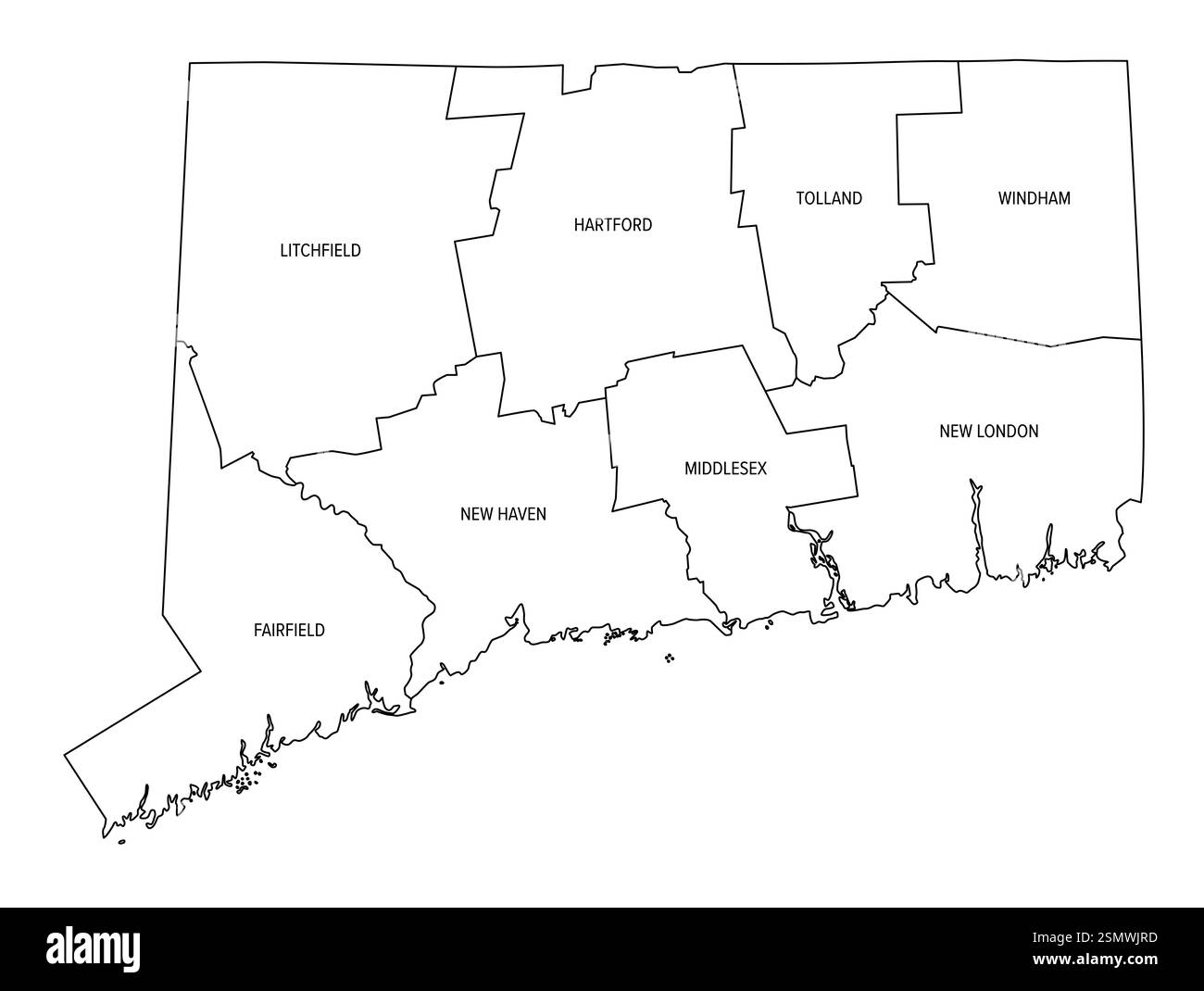 Stato del Connecticut diviso in contee, schema. Stato nella regione del New England degli Stati Uniti nord-orientali, suddiviso in 8 contee. Foto Stock