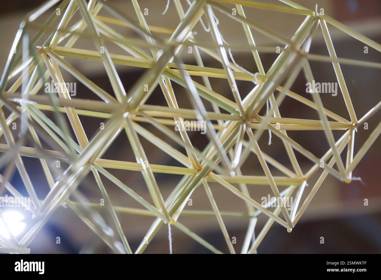 I partecipanti costruiscono un modello geometrico utilizzando stuzzicadenti e stringhe, impegnandosi in un'attività creativa e didattica all'interno di un luminoso setti di spazio di lavoro Foto Stock