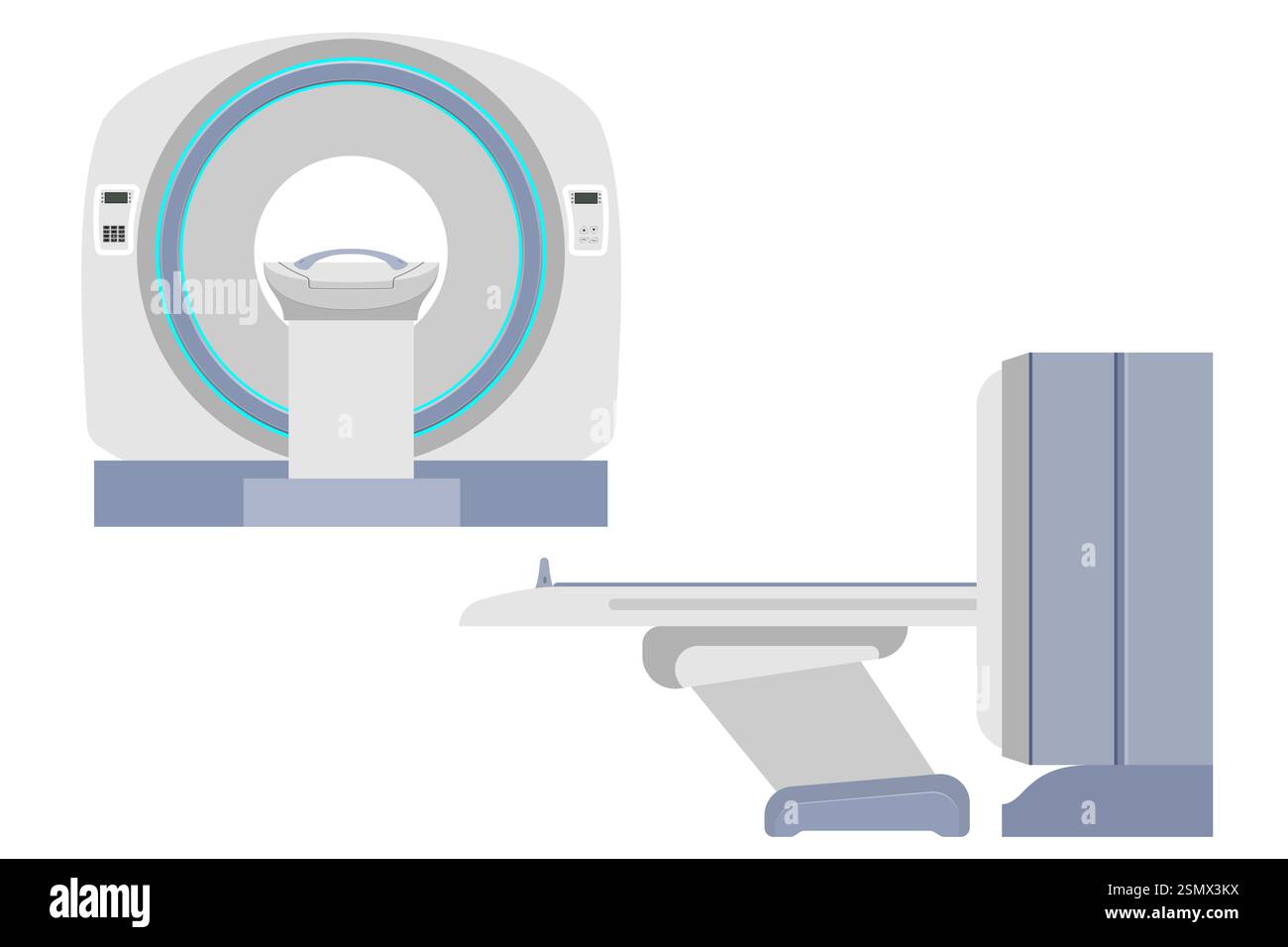 macchina per scanner tc mri per la ricerca medica e l'illustrazione del vettore di rilevamento delle malattie stile piatto isolato su sfondo bianco Foto Stock