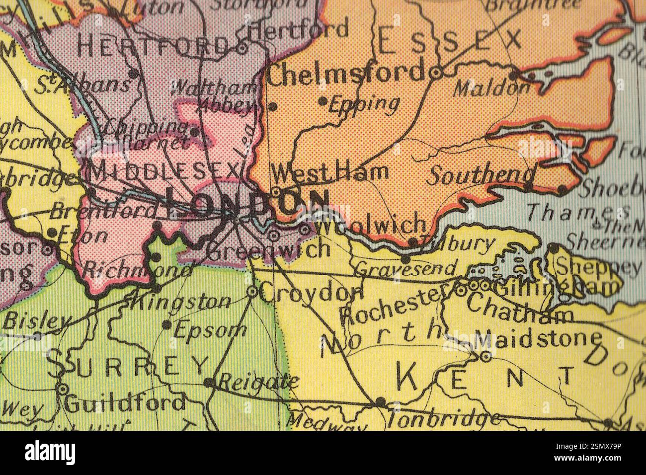 Una mappa politica vintage della Gran Bretagna che mostra Londra e le contee. Foto Stock