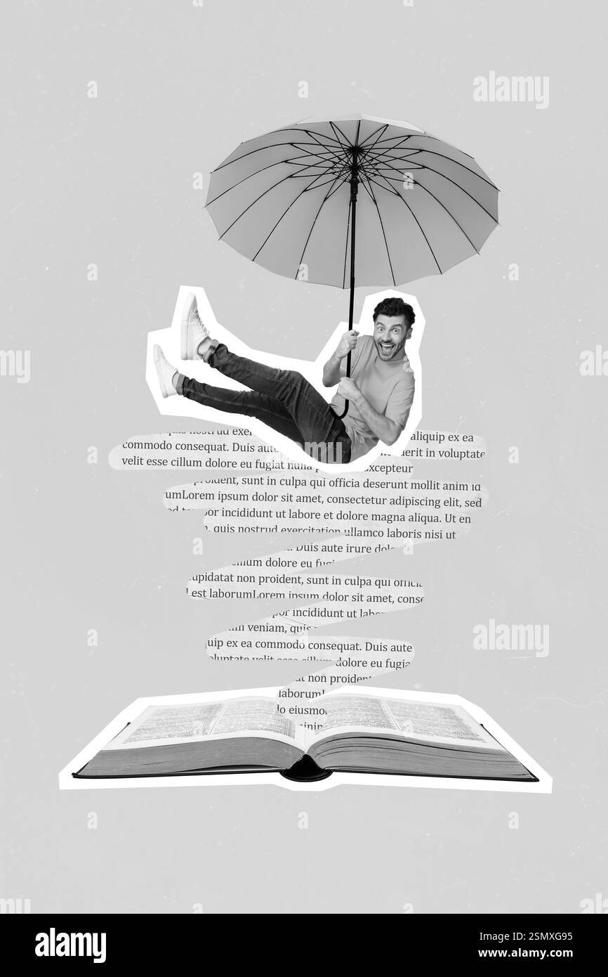Poster collage creativo di giovane ragazzo funky volare parasolo atterraggio in materiale di apprendimento libro di testo aperto stampato Foto Stock