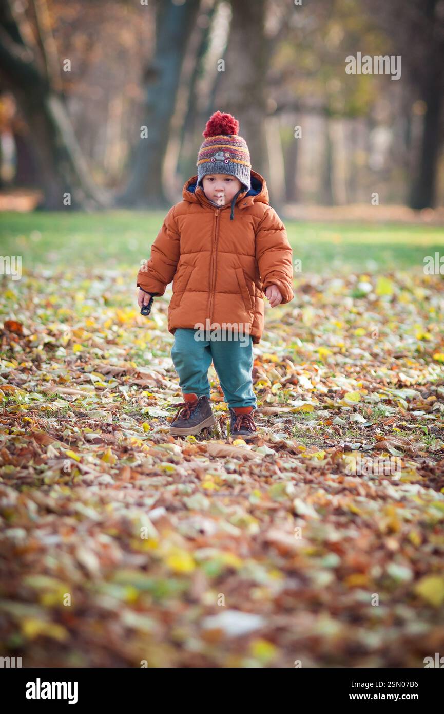 Un bambino vestito con un cappotto invernale arancione e un cappello a maglia cammina con gioia attraverso un tappeto di foglie autunnali colorate in un parco. Il sole splende dolcemente Foto Stock