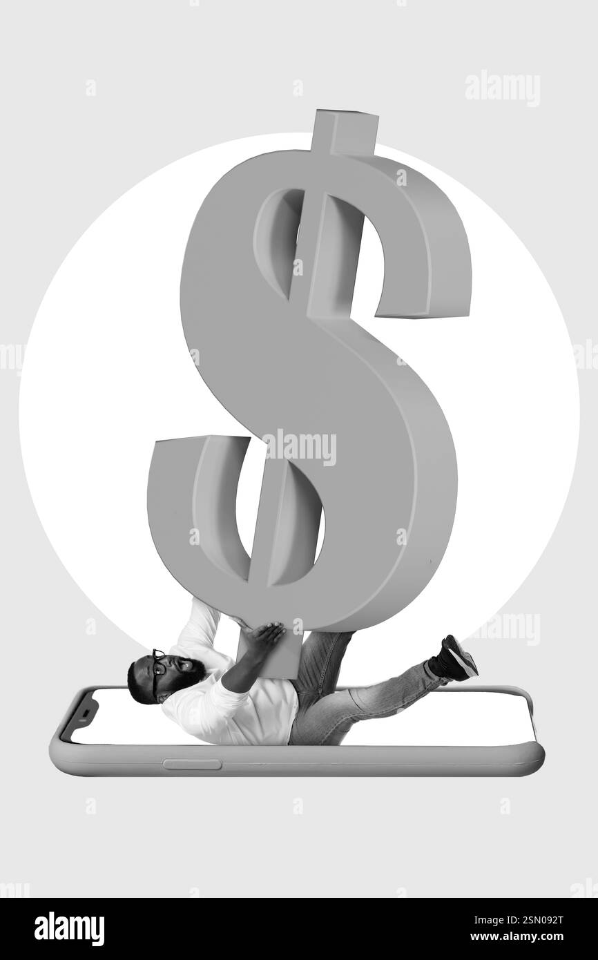 Foto collage composito di giovane economia startup manager finanziario uomo d'affari caduta display tenere simbolo del dollaro isolato su sfondo dipinto Foto Stock