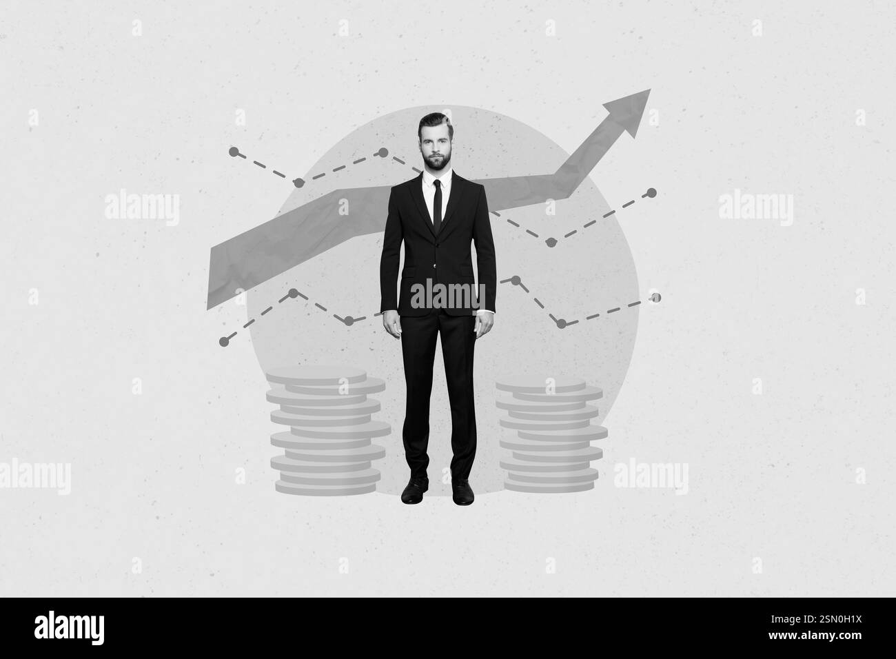 Composito 3D foto collage modello professionale businessman trader bitcoin finanza valuta di cambio crescita isolato su sfondo di colore beige Foto Stock