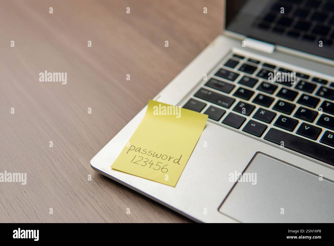 Nota adesiva con la parola "password 123456" sulla tastiera di un notebook. Protezione dei dati, concetto di sicurezza delle password. Foto Stock Nota adesiva con la parola "password 123456" sulla tastiera di un notebook. Protezione dei dati, concetto di sicurezza delle password. Foto Stock