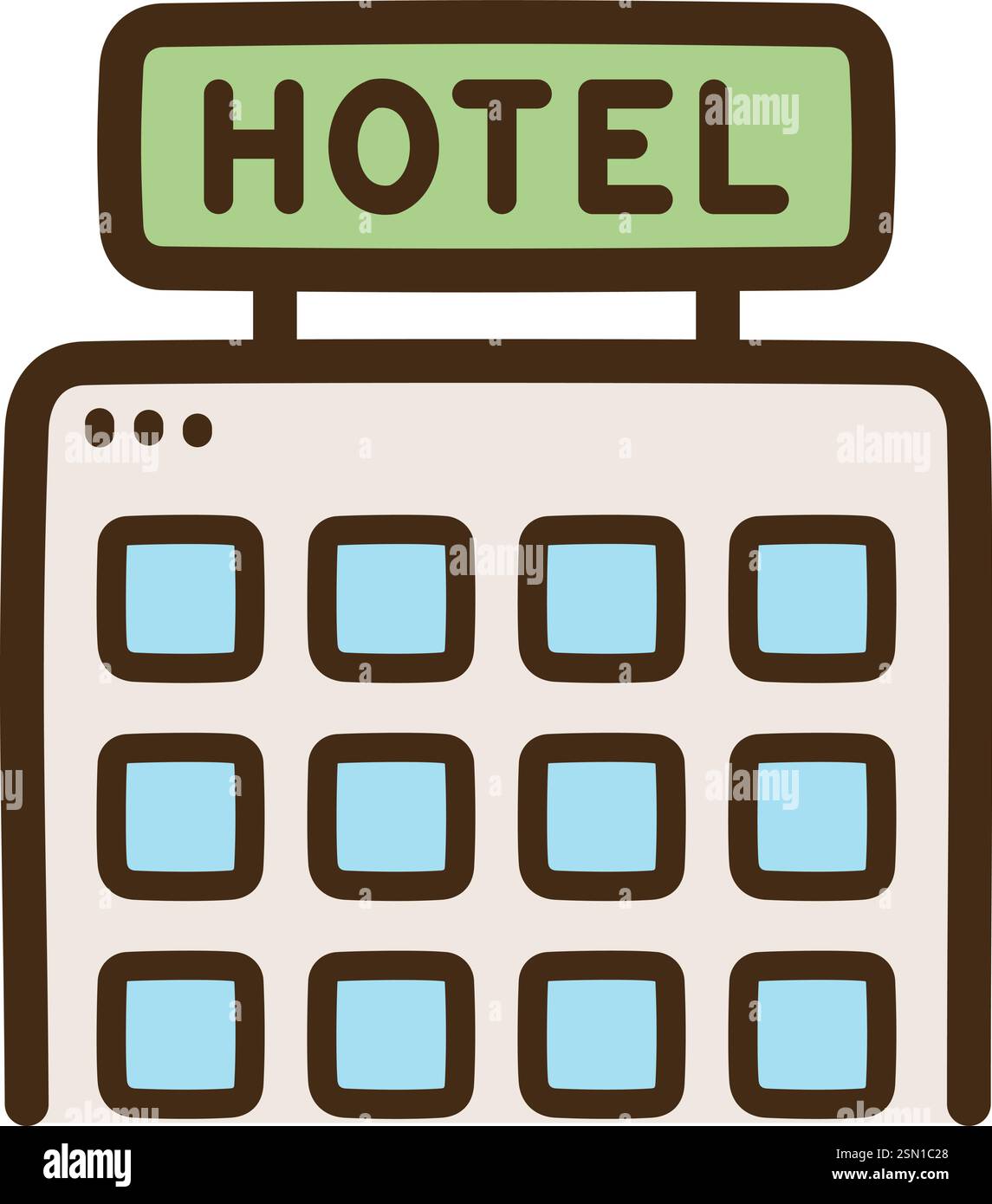 Illustrazione e grafica del doodle vettoriale dell'hotel. Parte della categoria estiva. Illustrazione Vettoriale