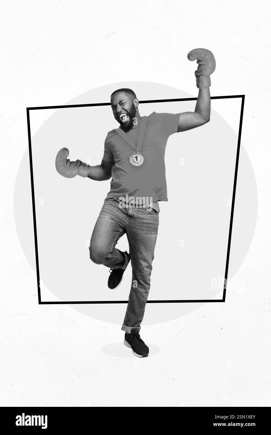 Collage foto di giovane eccitato divertente concorso vincitore uomo pugile professionista indossare guanti rossi medaglia primo posto isolato su sfondo dipinto Foto Stock