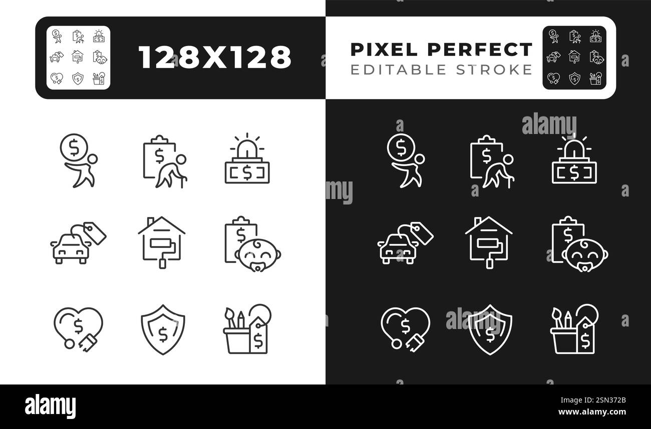 Le icone lineari di pixel Perfect per le spese finanziarie sono impostate per la modalità buia e chiara Illustrazione Vettoriale