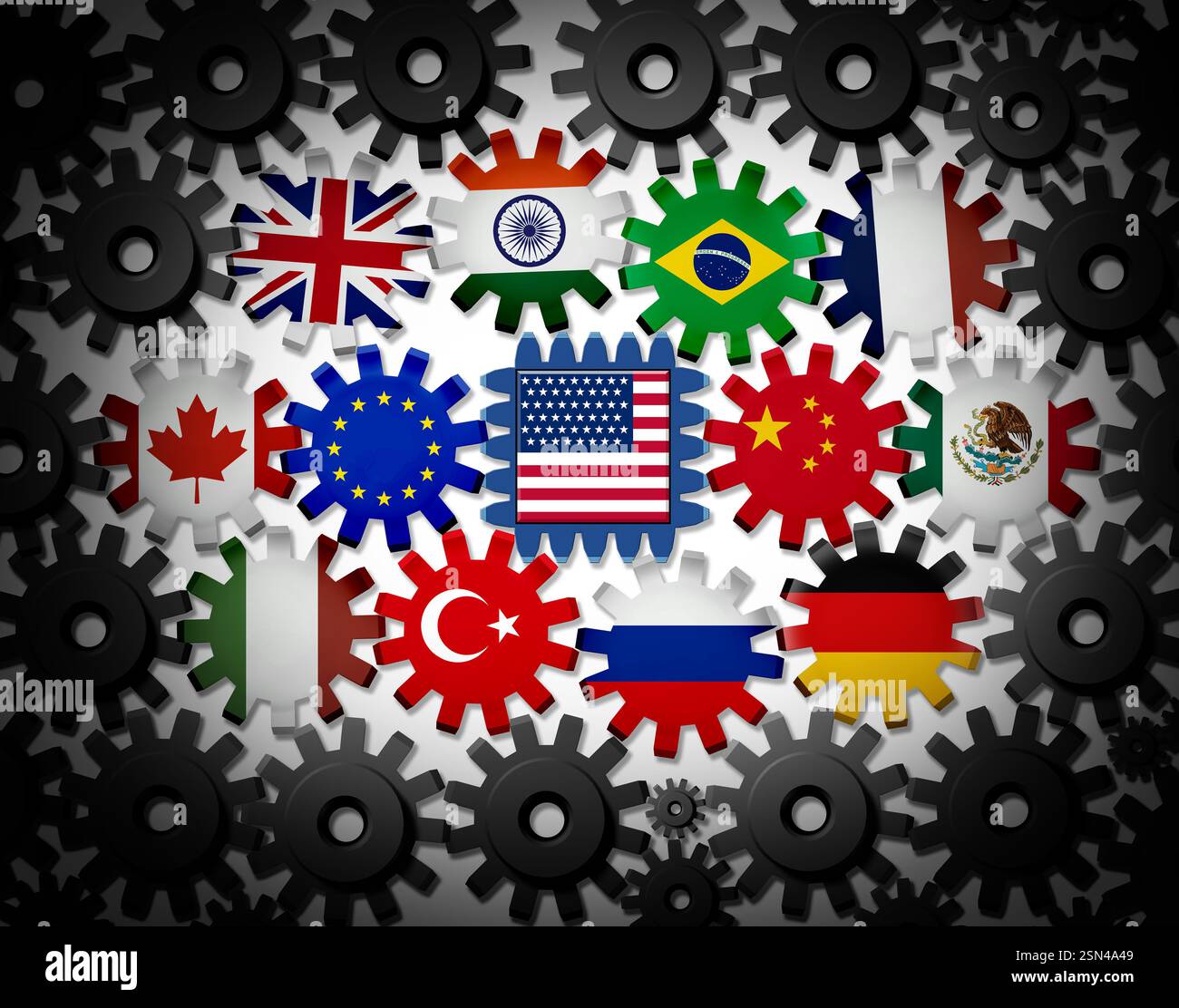 Disgregazione economica globale DEGLI STATI UNITI e guerra commerciale o USA contro Cina India Canada e unione europea come tariffe americane con ingranaggi fermati da un ingranaggio quadrato Foto Stock