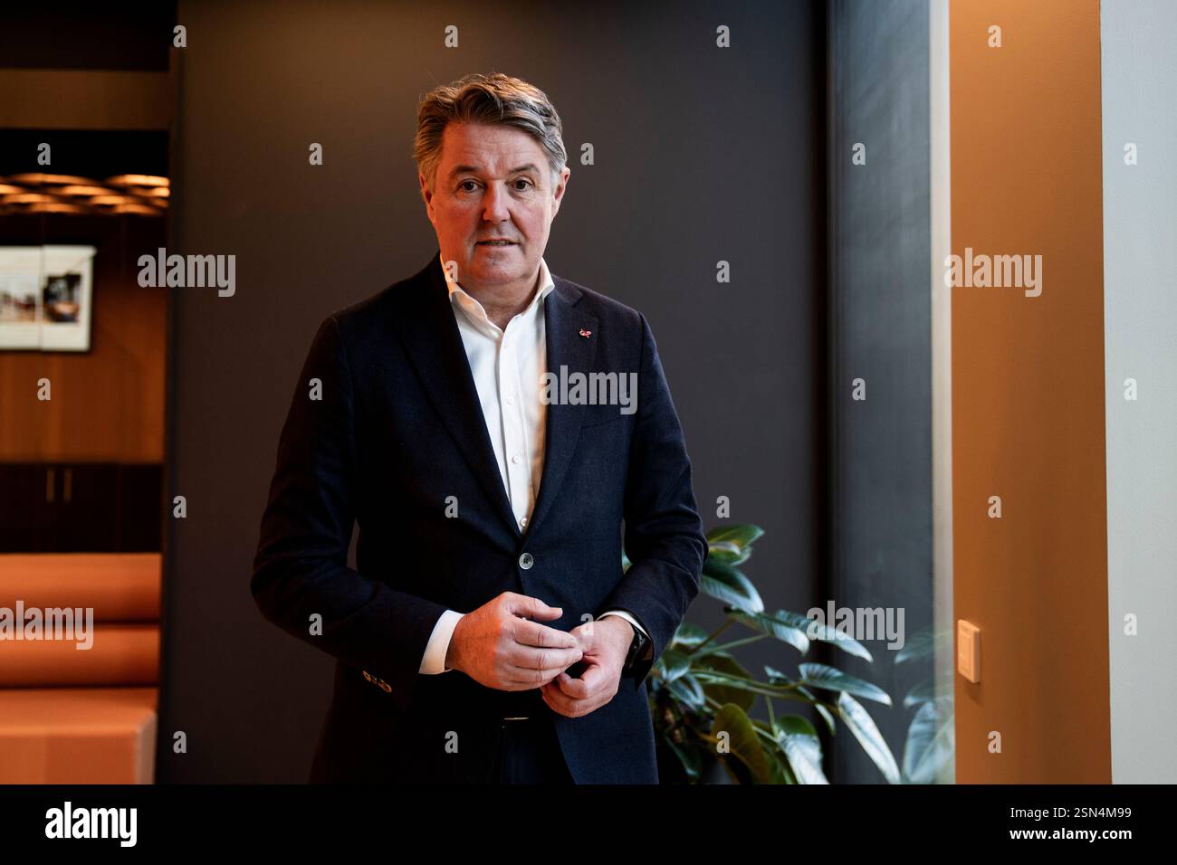 Oslo 20250213. L'amministratore delegato di Norwegian, Geir Karlsen presenta i risultati del quarto trimestre durante una conferenza stampa presso il centro congressi House of Oslo in via Vika. Foto: Fredrik Varfjell / NTB Foto Stock