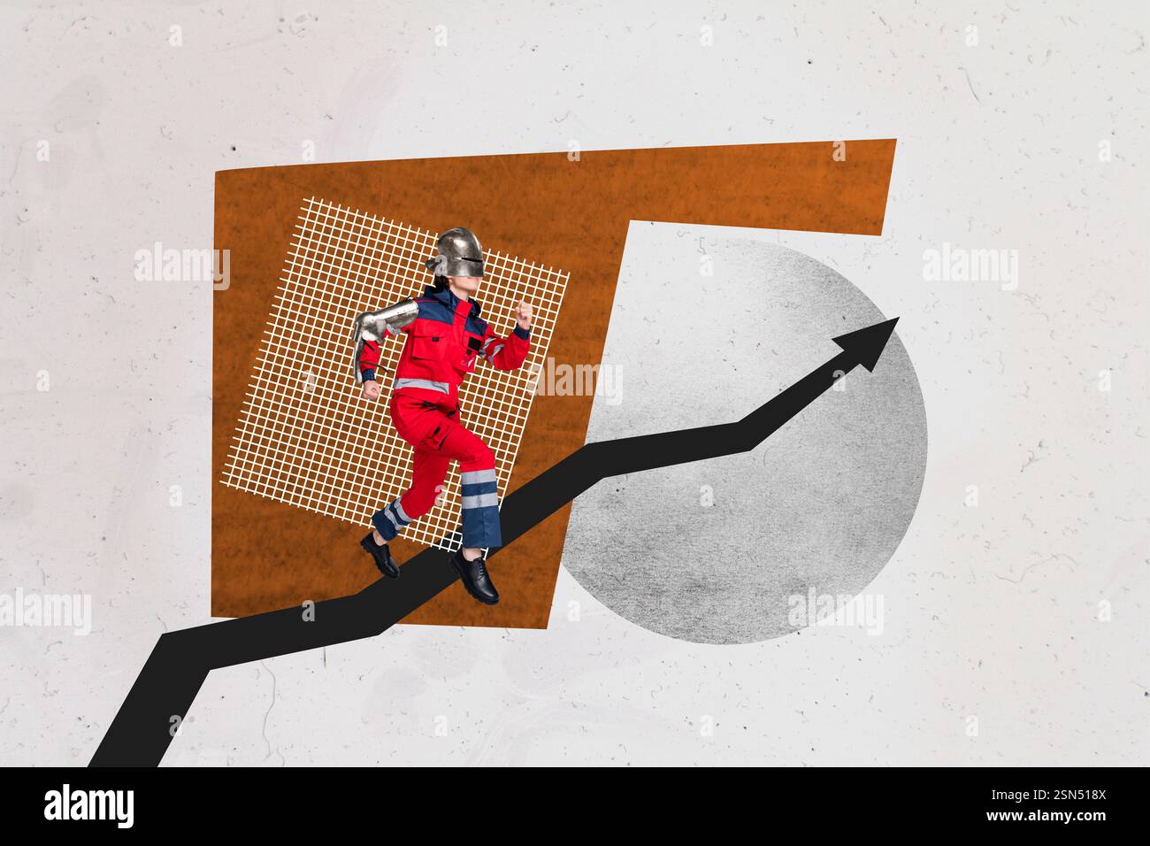 Collage fotografico 3D creativo modello grafico di tendenza di donna anziana uniforme medico urgente proteggere casco corsa freccia grafica risorsa umana Foto Stock