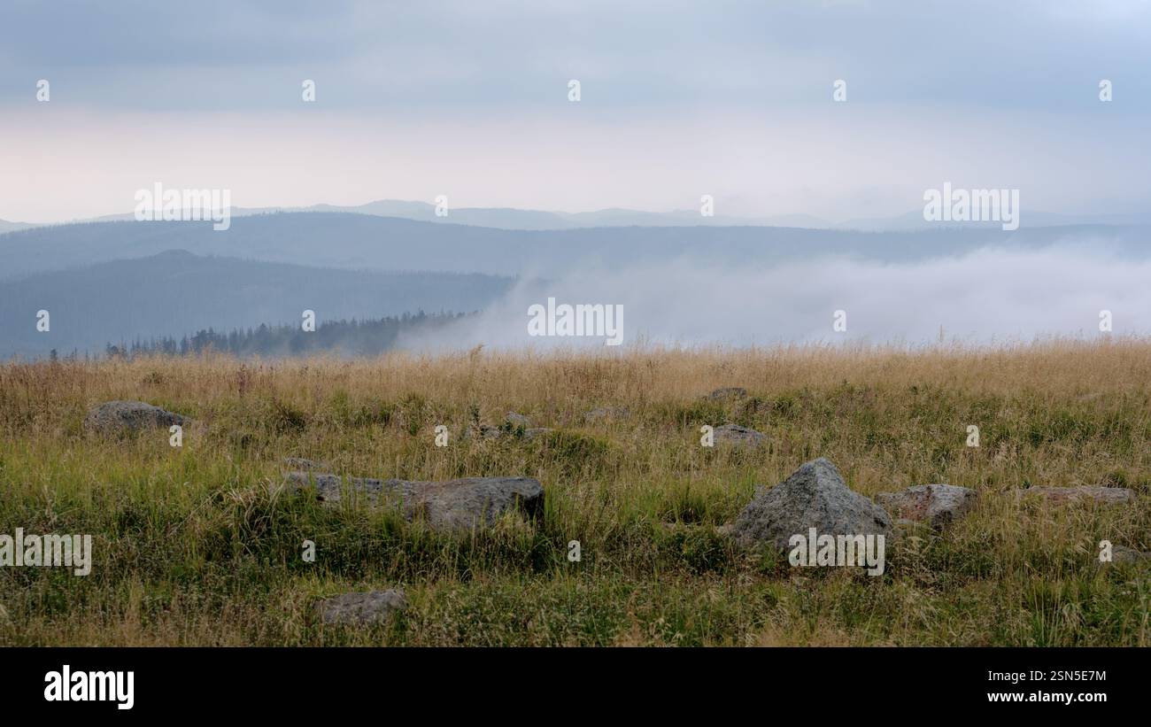 Si tratta di un giorno d'estate nuvoloso e nebbioso di agosto guardando i monti Harz (Sassonia, Germania) dal suo punto più alto, il Brocken (3.743 piedi). Foto Stock