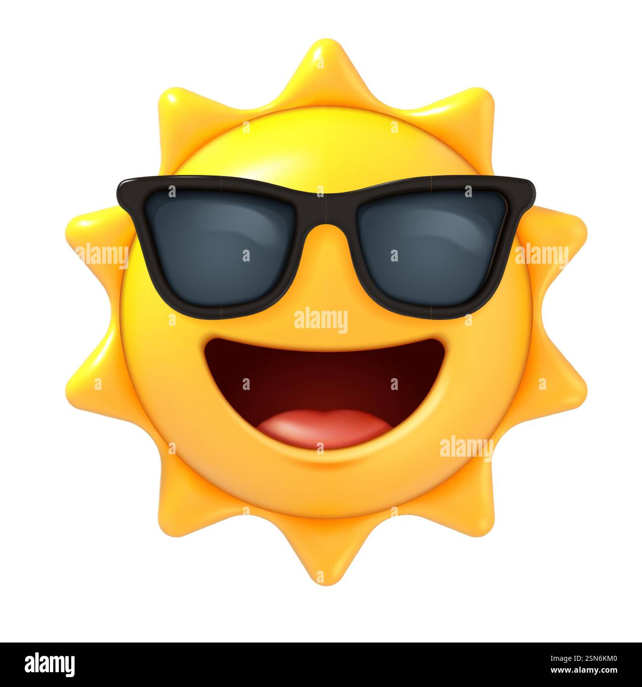 emoji sole 3d. Sole estivo con occhiali da sole, emoticon sorridente in stile rendering, simpatico personaggio dei cartoni animati. Icona vettoriale della mascotte dei social media isolata su sfondo bianco. Illustrazione Vettoriale