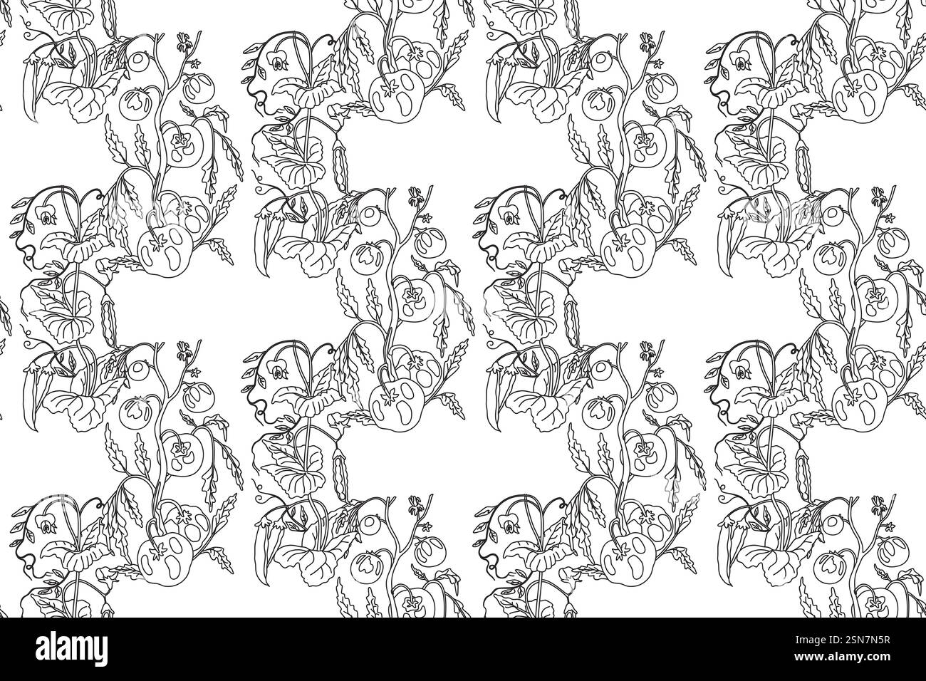 Disegno in linea astratto senza cuciture con illustrazione vettoriale di pomodori e piselli in crescita. Contorno disegnato a mano con ripetizione di verdure su fondo bianco Illustrazione Vettoriale