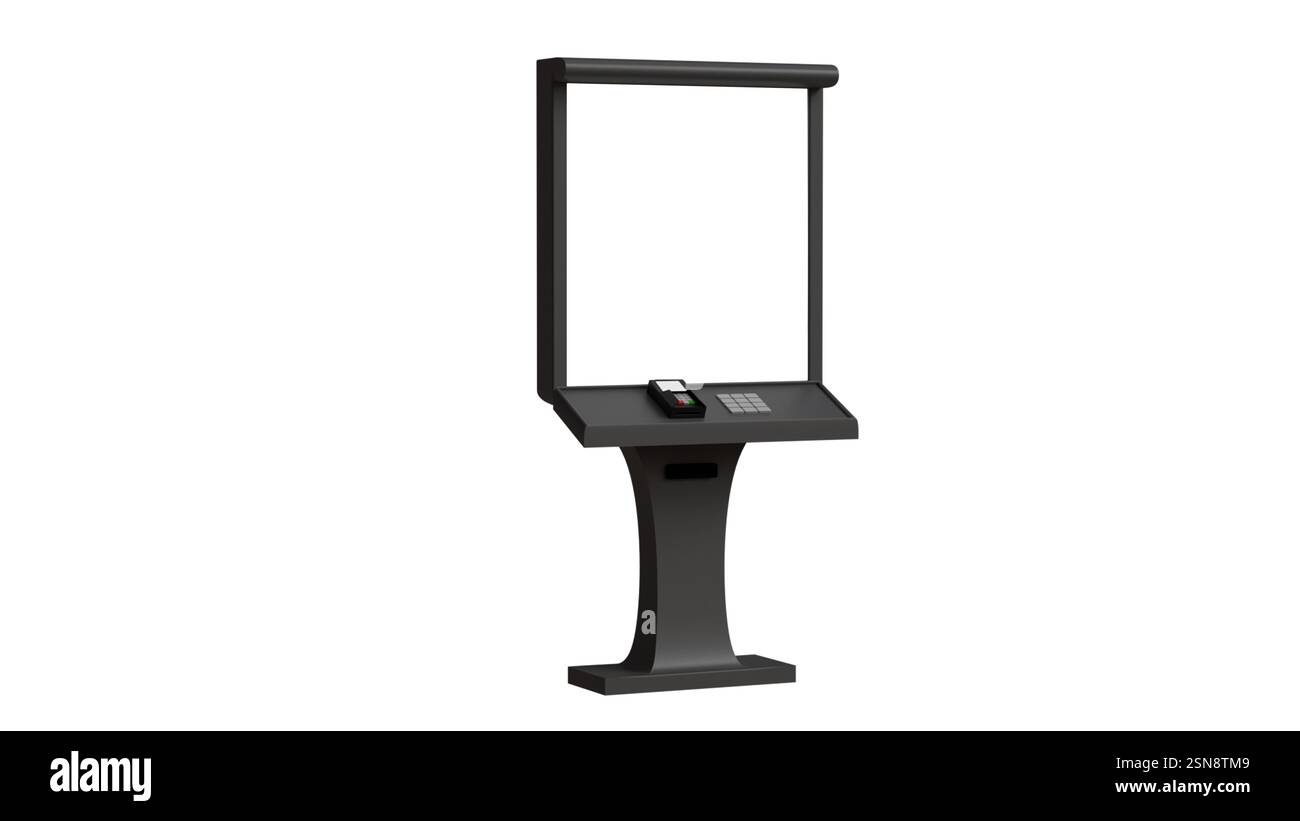 Modello 3D di un terminale di pagamento con display bianco su sfondo bianco, sportello bancomat, terminale per il rifornimento dei conti e operazioni di pagamento Foto Stock