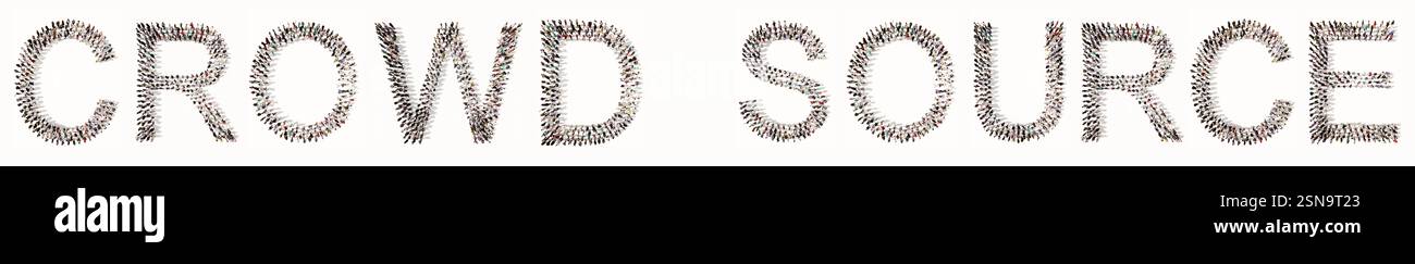 Concetto o concettuale: Ampia comunità di persone che formano il concetto di CROWDSOURCE. metafora dell'illustrazione 3d per outsourcing, business, rete, team Foto Stock