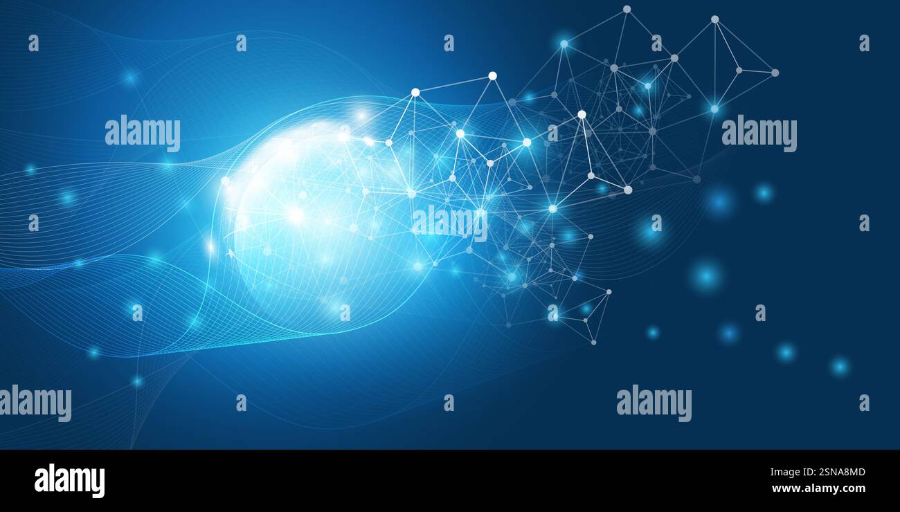Abstract Dark Blue futuristica struttura di rete virtuale globale illuminante e concetto di progettazione delle telecomunicazioni, connessioni poligonali con W trasparente Illustrazione Vettoriale