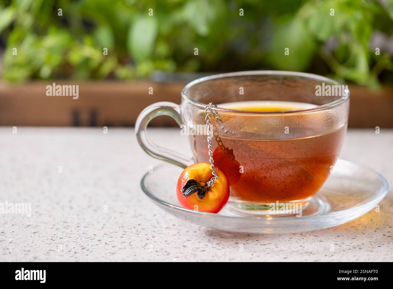 Regno Unito: Un diffusore di tè in metallo da una tazza è riempito di foglie di tè e collocato in una singola tazza e lasciato diffondersi. Il diffusore si trova in una tazza di vetro Foto Stock