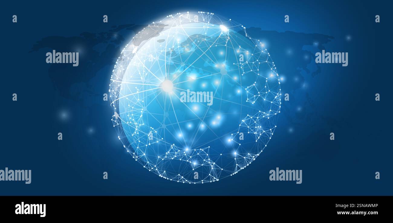 Abstract Dark Blue futuristic Cloud Computing, Global Network Structure and Telecommunication Design Concept, World Map, Connections, Transparent Glob Illustrazione Vettoriale