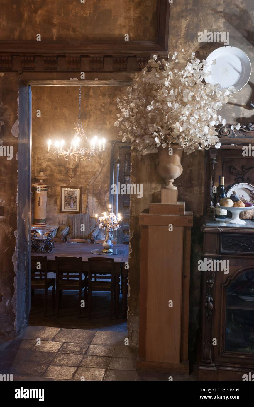 Palazzo mondo - piano terra. Scorcio della sala dei trofei con piedistallo in legno rustico con cratere in legno decorato con foglie di lunarie (c.a. Foto Stock